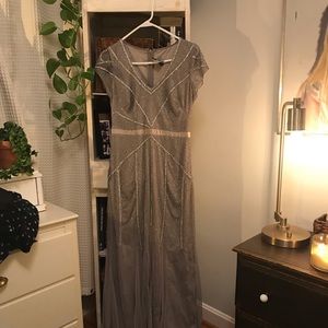 Adrianna Papell Gunmetal Beaded V‑Neck Maxi Dress